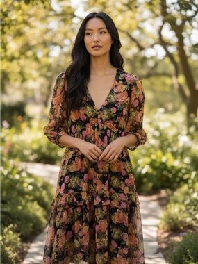 Gabby Skye Black Maxi Dress with Pink & Orange Floral Print
